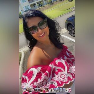 Pink  and White Off-Shoulder Top